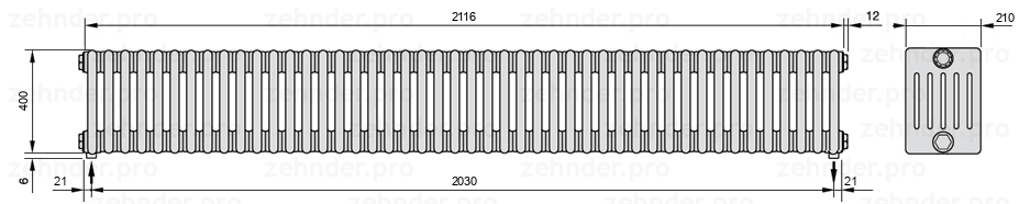 Схема (чертеж) Радиатор Zehnder Charleston 6040/46 №5310 Белый глянцевый RAL 9016